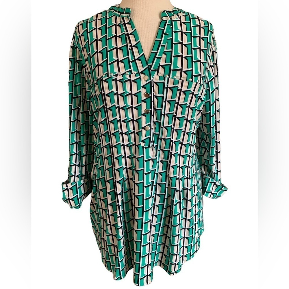 COCOMO 1X Plus Size green yellow 3/4 sleeve women’s Pintuck blouse tunic